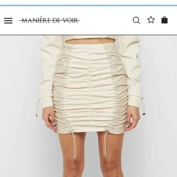maniere de voir Beige Cream Ruched Vegan Leather Mini Skirt - Picture 1 of 16